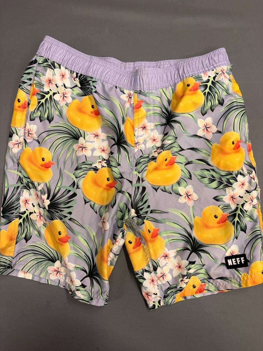 Neff BOYS Rubber Duckie Swim Shorts Purple Tropical Floral Trunks Size XL youth
